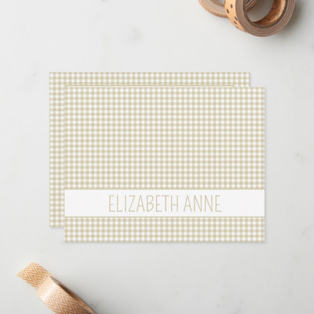 Beige and White Gingham Plaid Personalised Card (Front/Back In Situ)
