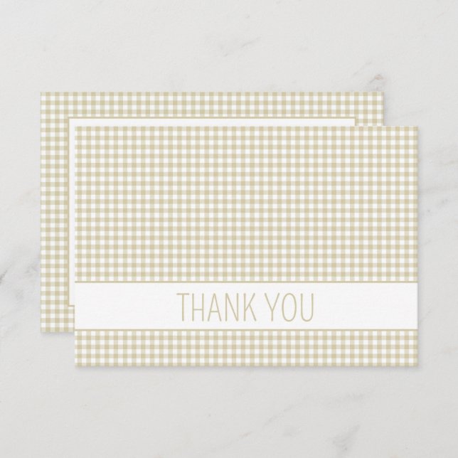 Beige and White Gingham Plaid Personalised Thank You Card (Front/Back)