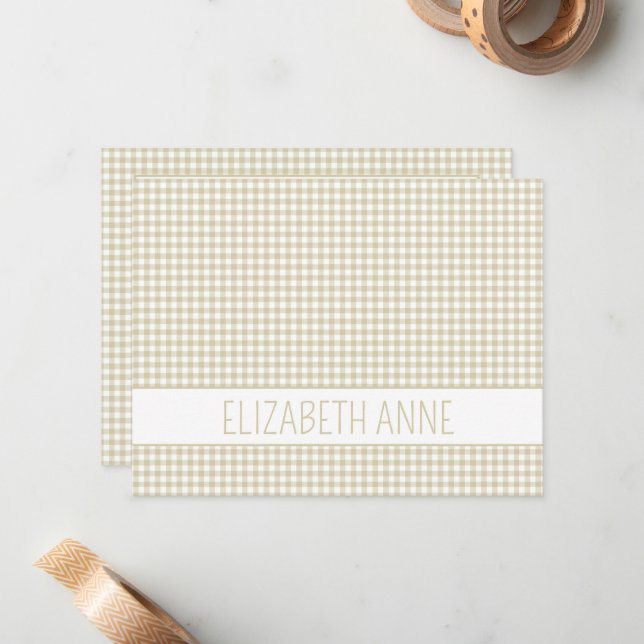 Beige and White Gingham Plaid Personalized Card (Front/Back In Situ)