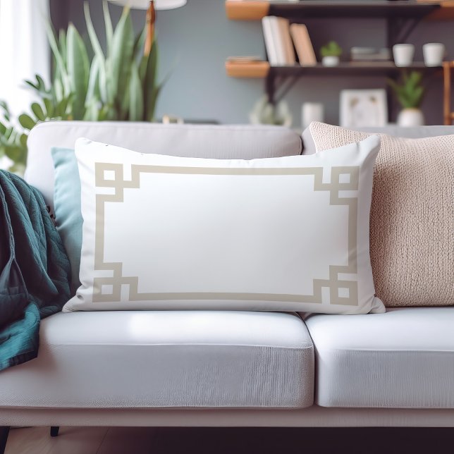 Beige and White Greek Key Border Cotton Lumbar Cushion (Creator Uploaded)