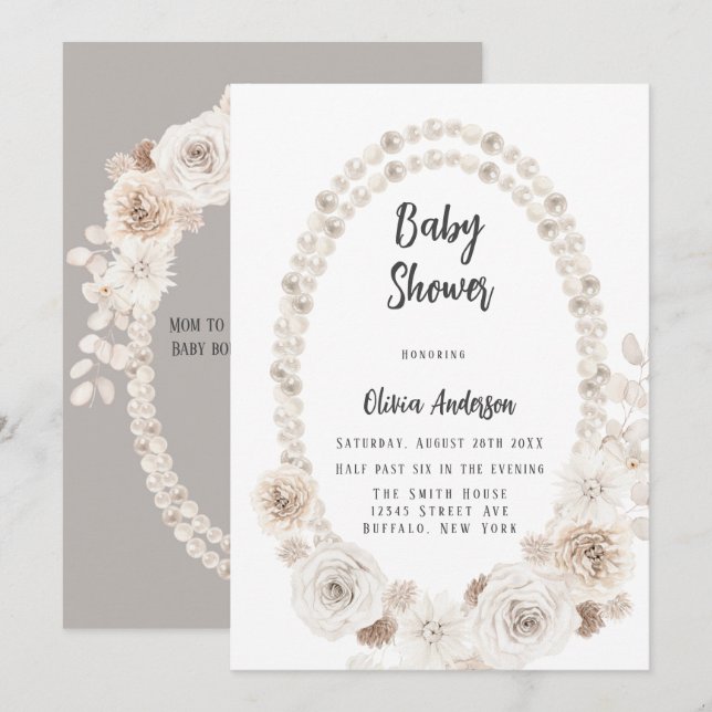 Beige and White Pearls and Florals Baby Shower Inv Invitation (Front/Back)
