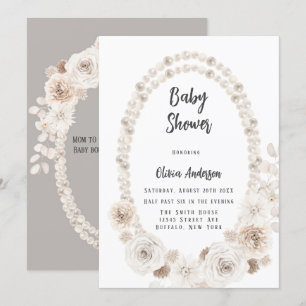 Beige and White Pearls and Florals Baby Shower Inv Invitation