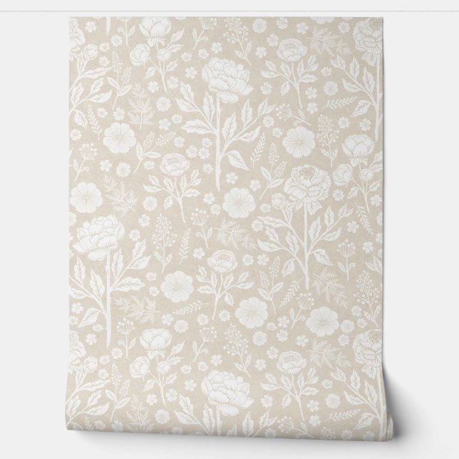 Beige and White Peonies Hand-Drawn Florals Wallpaper (Unrolling)