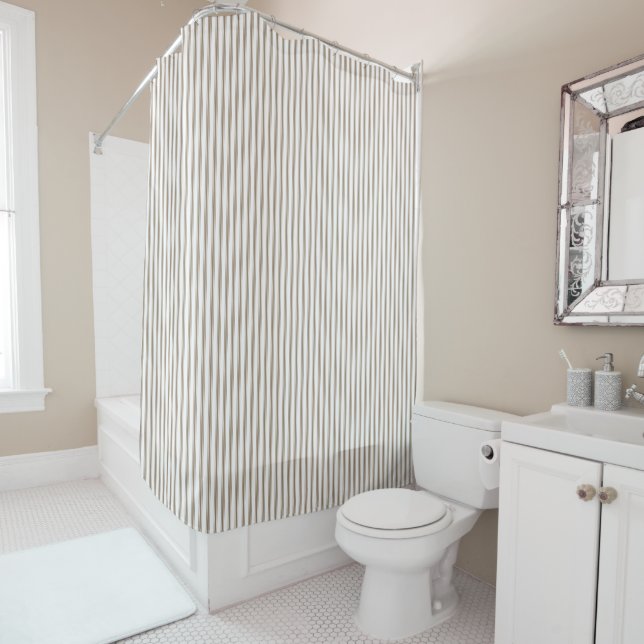 Beige and White Ticking Stripe Shower Curtain (In Situ)