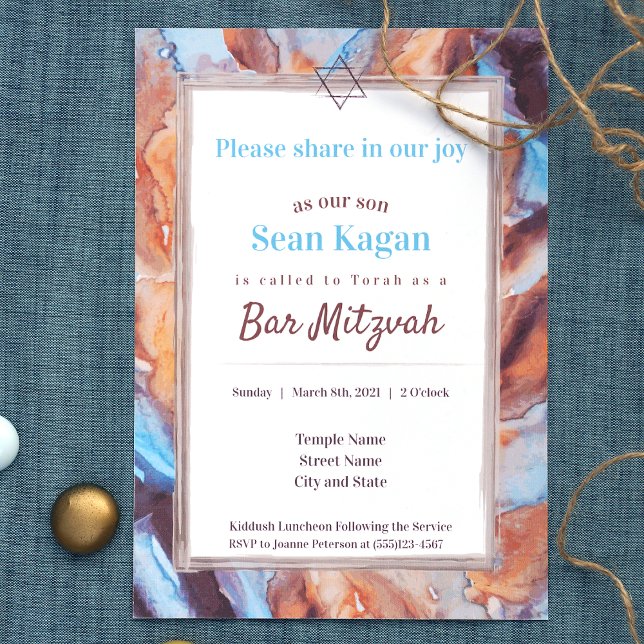 Beige Aqua Blue Bar Mitzvah Invitation (modern bar mitzvah invitations with bold brown, beige, blue marble stone pattern )