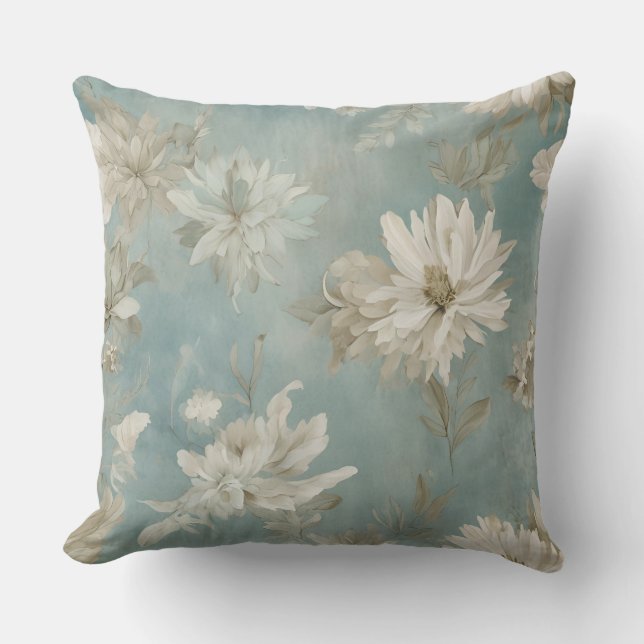 Beige Aqua Blue Brown Floral Cushion (Front)