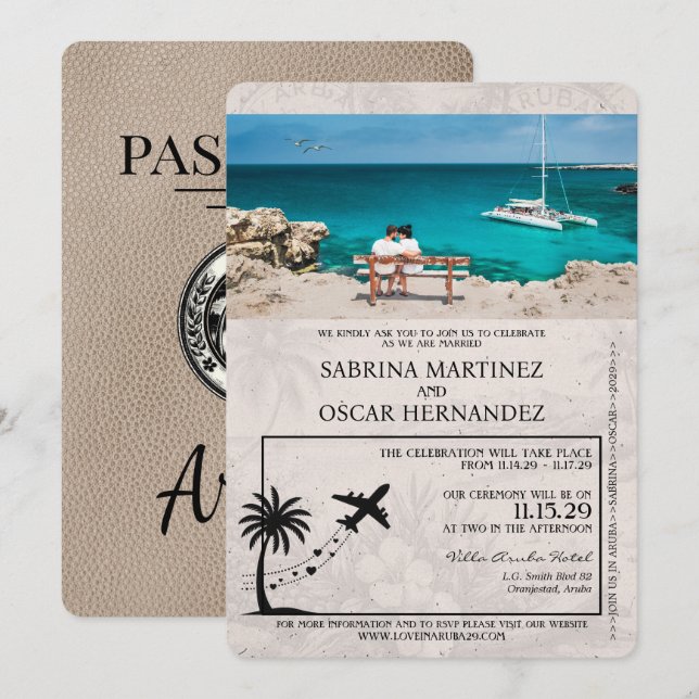 Beige Aruba Passport Wedding Invitation (Front/Back)