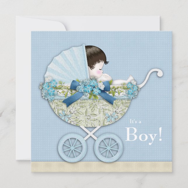 Beige Baby Blue Baby Carriage Boy Shower Invitation (Front)