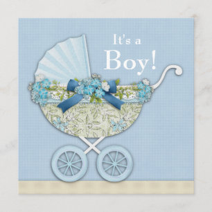 Beige Baby Blue Baby Carriage Boy Shower Invitation