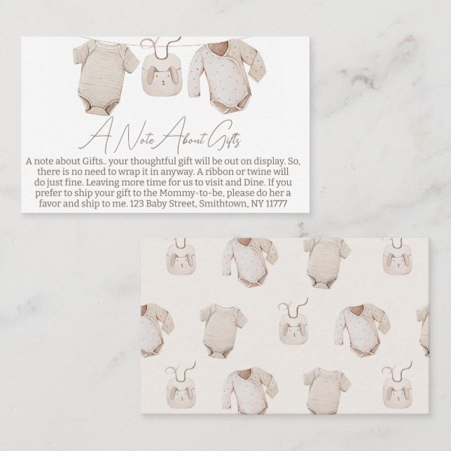 Beige Baby Clothes Baby Shower Gifts Note Insert (Front/Back)