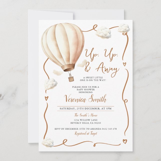 Beige Baby Shower Hot Air Balloon, Up Up and Away Invitation (Front)