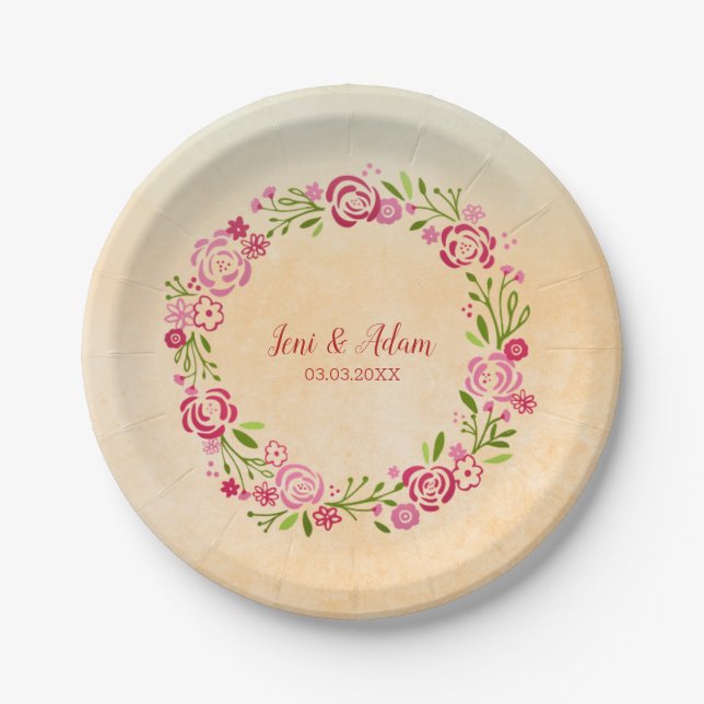 Beige Background And Floral Wreath Paper Plate (Front)