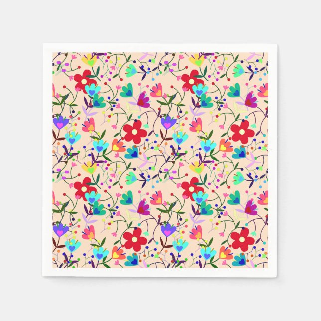 Beige Background Colourful Floral Pattern Napkin (Front)