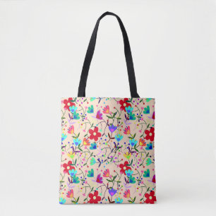 Beige Background Colourful Floral Pattern Tote Bag