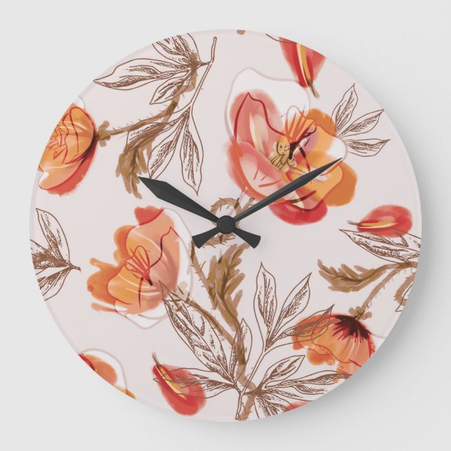 Beige Background Poppies Watercolor Pattern Large Clock (Front)