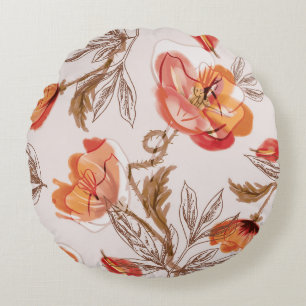 Beige Background Poppies Watercolor Pattern Round Cushion