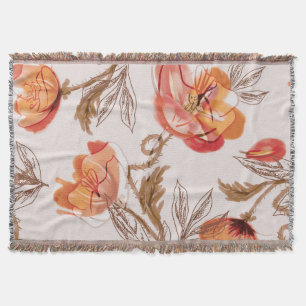 Beige Background Poppies Watercolor Pattern Throw Blanket
