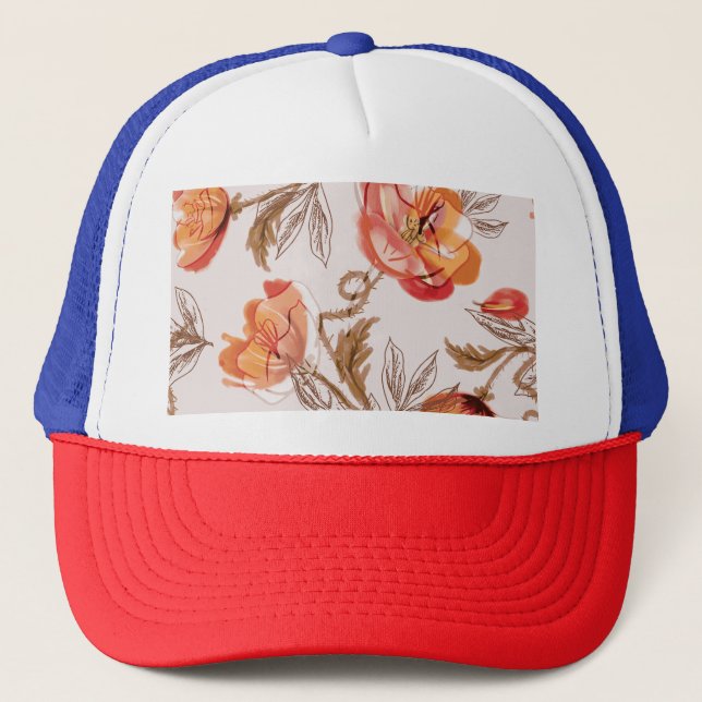 Beige Background Poppies Watercolor Pattern Trucker Hat (Front)