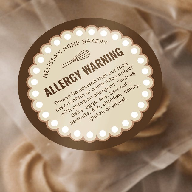 Beige Bakery Food Safety Allergens Alert Warning Classic Round Sticker (neutral beige allergy warning food labels with retro frame motif)