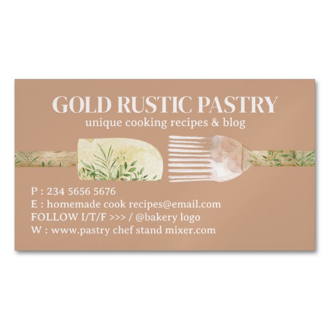 Beige Bakery Pastry Chef Baking Utensils Magnetic Business Card (Front)
