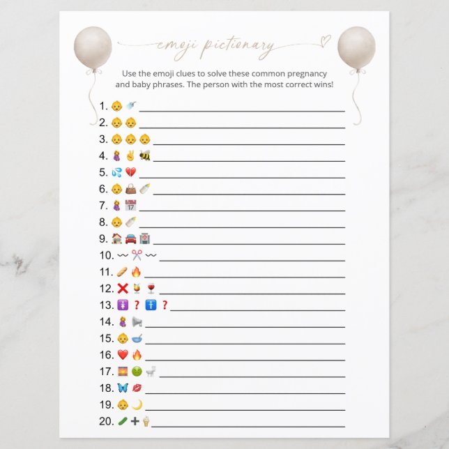 Beige Balloon Emoji Pictionary Baby Shower Game (Front)