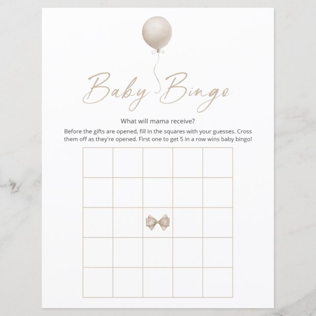 Beige Balloon Modern Baby Shower Bingo Game (Front)