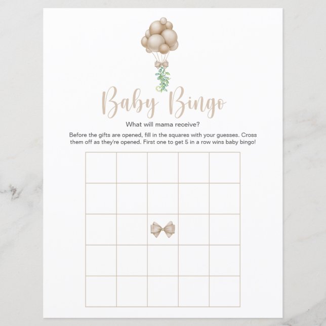 Beige Balloons Baby Shower Bingo Game (Front)