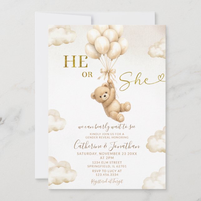 Beige Balloons Clouds He Or She Bear Gender Reveal Invitation (Front)