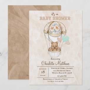    Beige Bear Hot Air Balloon Baby Shower Invitation