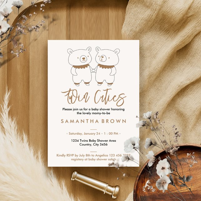 Beige Bear Twins Baby Shower Invitation (Creator Uploaded)