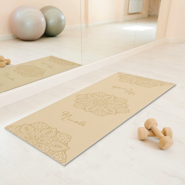 Beige Beautiful Mandala With Custom Name Yoga Mat (Disclaimer: This image is a digital mockup.)