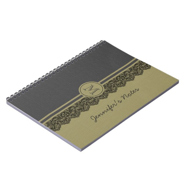 Beige & Beige Linen Burlap Texture & Black Lace Notebook (Left Side)