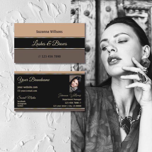 Beige Black and Brown Stripes with Photo Stylish Business Card (Creator Uploaded)