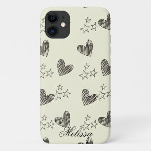Beige Black and White Minimal Heart Stars Script iPhone 11 Case