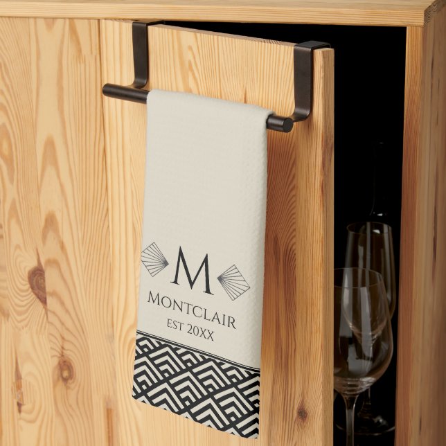 Beige Black Art Deco Japanese Fan Custom Monogram Tea Towel (Thirds Fold)