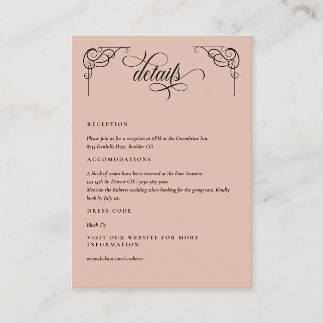 Beige & Black Calligraphy Wedding Details Enclosure Card (Front)