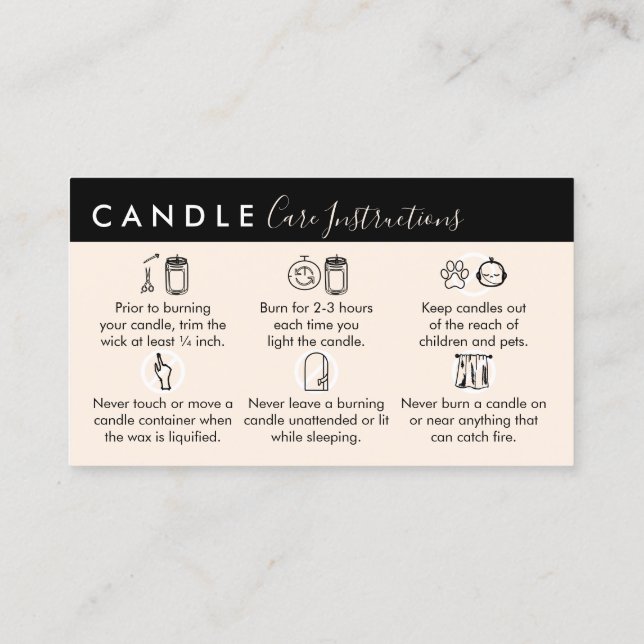 Beige Black Candle Care Instructions Business Card (Back)