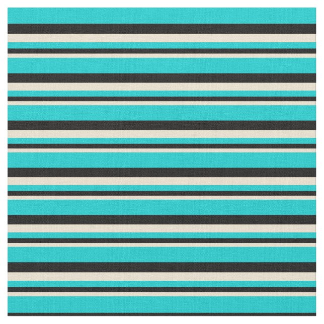 Beige, Black & Dark Turquoise Stripes Pattern Fabric (Close Up)