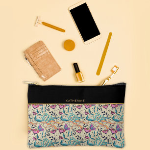 Beige Black Flowers Pattern Pretty Girly Trendy Accessory Pouch