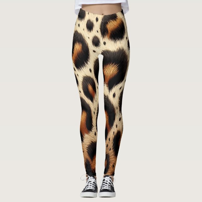 Beige & Black Leopard Fur Animal Print Spots  Leggings (Front)