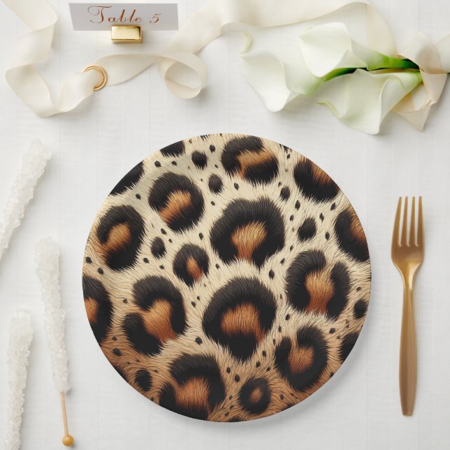 Beige & Black Leopard Fur Animal Print Spots  Paper Plate (Wedding)