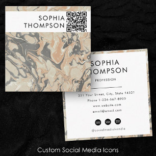 Beige Black Marble Abstract QR Code Social Media Square Business Card