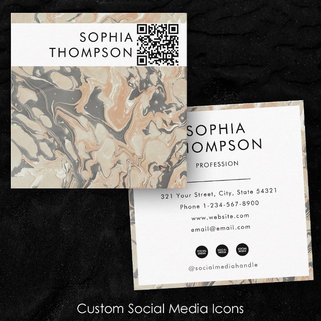 Beige Black Marble Abstract QR Code Social Media Square Business Card (Beige Black Marble Abstract QR Code Social Media Square Business Card)