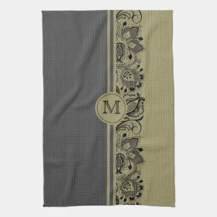 Beige & Black Natural Linen & Black Lace 2 Tea Towel