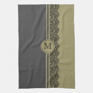 Beige & Black Natural Linen & Black Lace Tea Towel