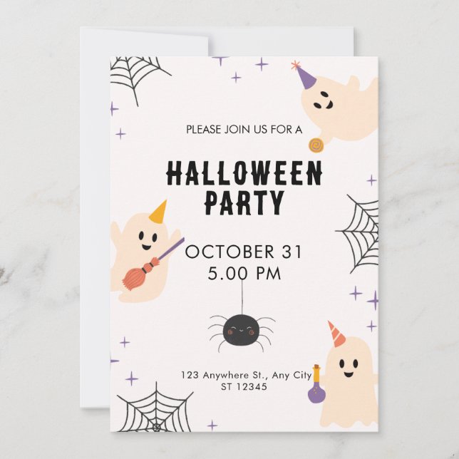 Beige Black Orange Playful Illustrative Halloween  Invitation (Front)