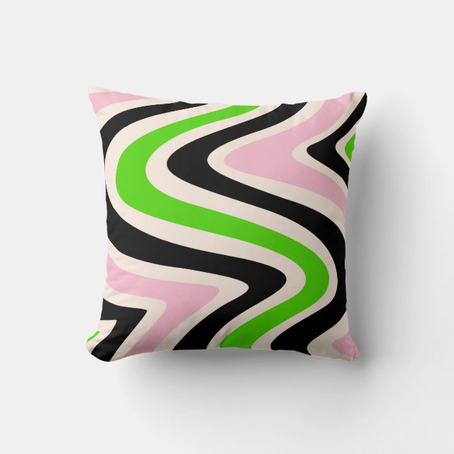 Beige Black Pink Green Abstract Swirl Cushion (Front)