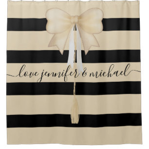 Beige Black Ribbon Newly Weds Elegant Stripes Shower Curtain