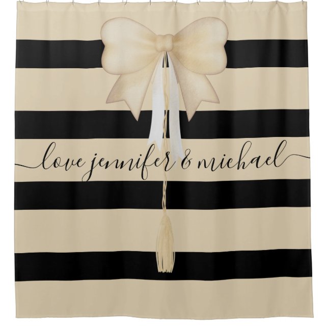 Beige Black Ribbon Newly Weds Elegant Stripes Shower Curtain (Front)