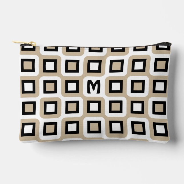 Beige Black White Midcentury Geometric Art Pattern Accessory Pouch (Front)